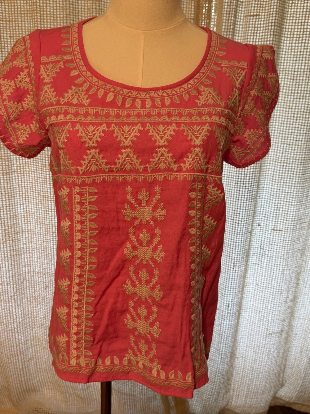 THML Embroidered Pink Cotton Short-Sleeve Women's Top XS
